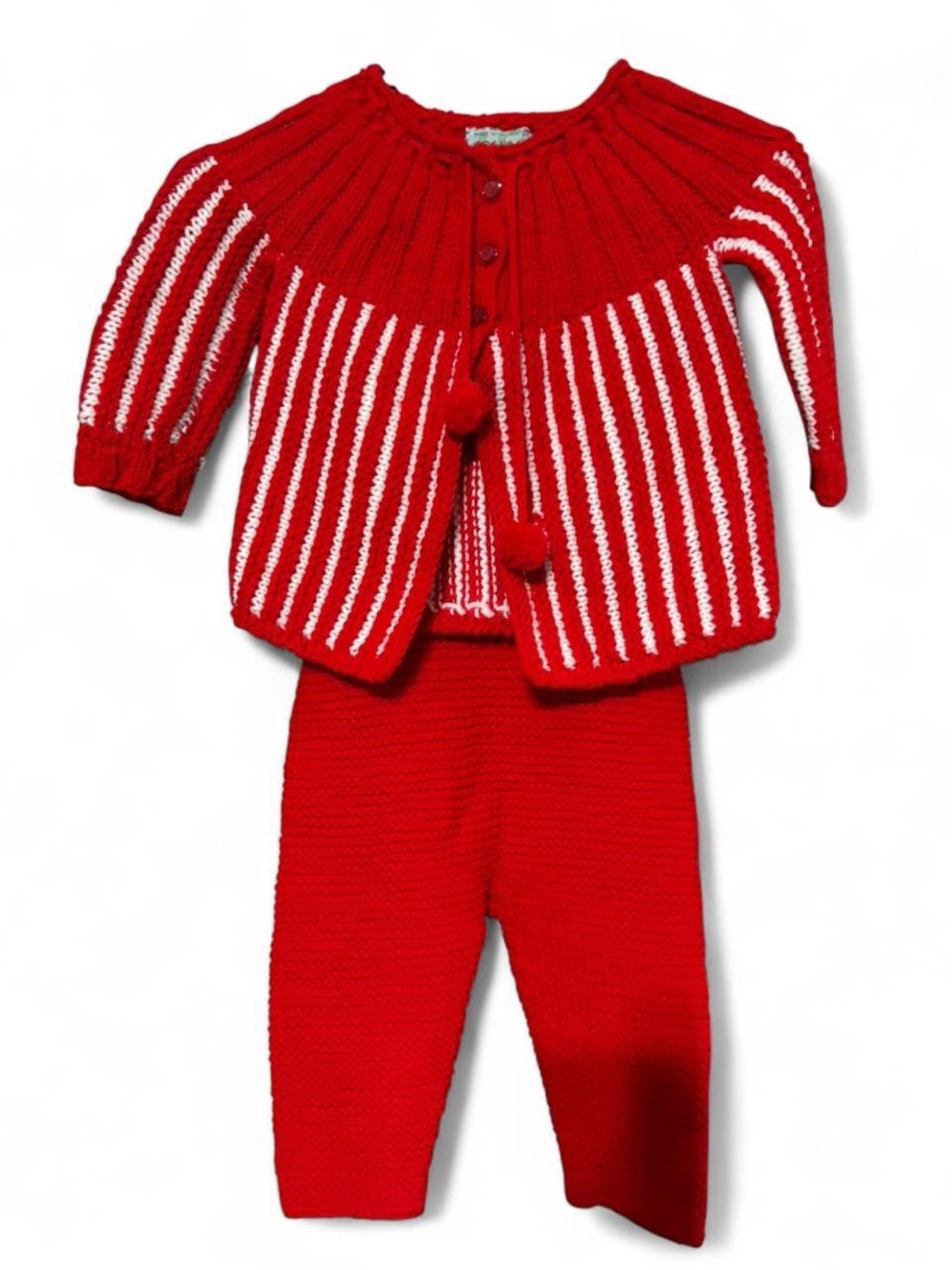 Handknit Red & White Striped Baby Sweater Set